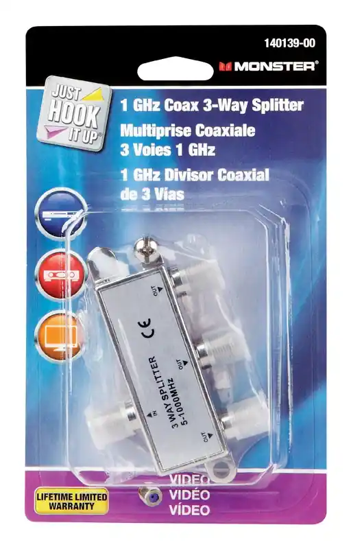 Monster Just Hook It Up 3 Way Coax Splitter 75 Ohm 1000 MHz 1 Pk