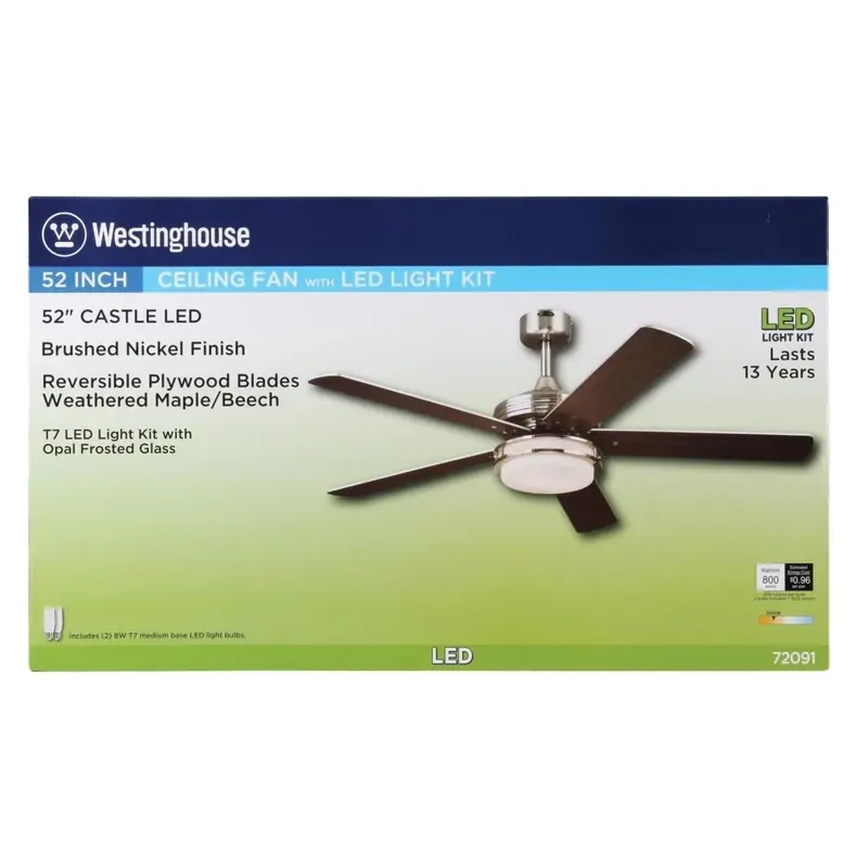 Castle Ceiling Fan + LED Light, Brushed Nickel/Reversible Blades, 52 In.