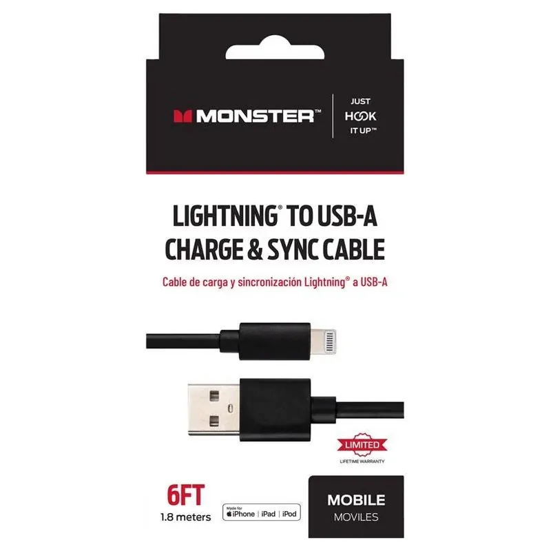 Monster Just Hook It Up 6‑Foot Lightning To USB‑A Charging & Sync Cable – Black