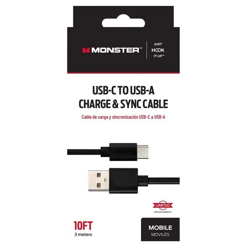 Monster Just Hook It Up 10‑Foot USB‑C To USB‑A Power & Sync Cable – Black