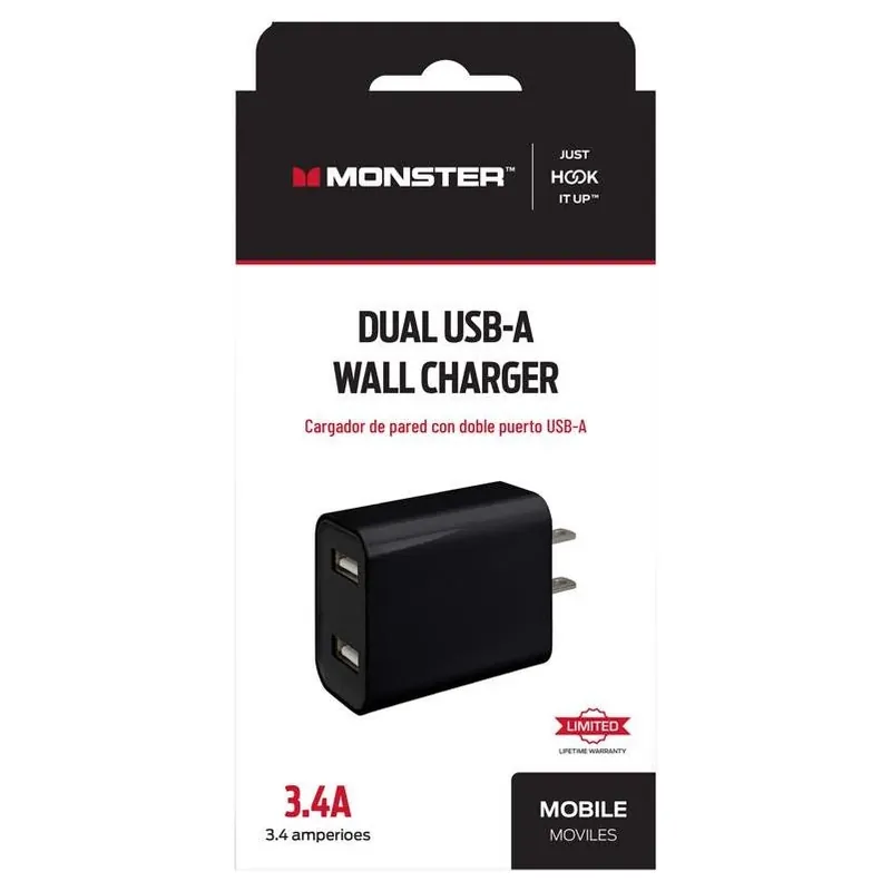 Monster Just Hook It Up Dual USB Wall Charger – 2 Ports, Fast Charging, Black