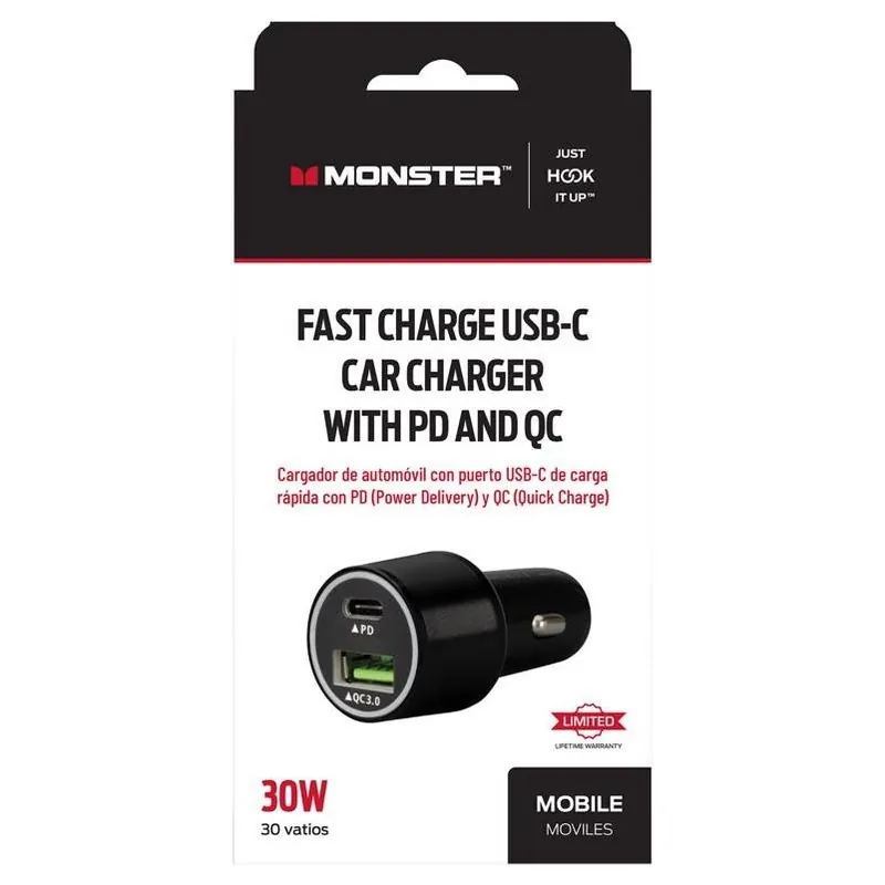Monster Just Hook It Up Dual‑Port USB Car Charger – 2 USB A/C Ports, Black