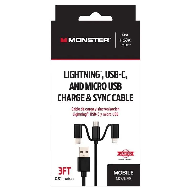 Monster Just Hook It Up 3‑Foot Universal Lightning & Micro‑USB Charging & Sync Cable Bundle – Black