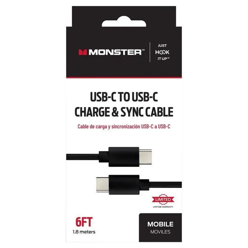 Monster Just Hook It Up 6‑Foot USB‑C To USB‑C Fast Charge & Sync Cable – Black
