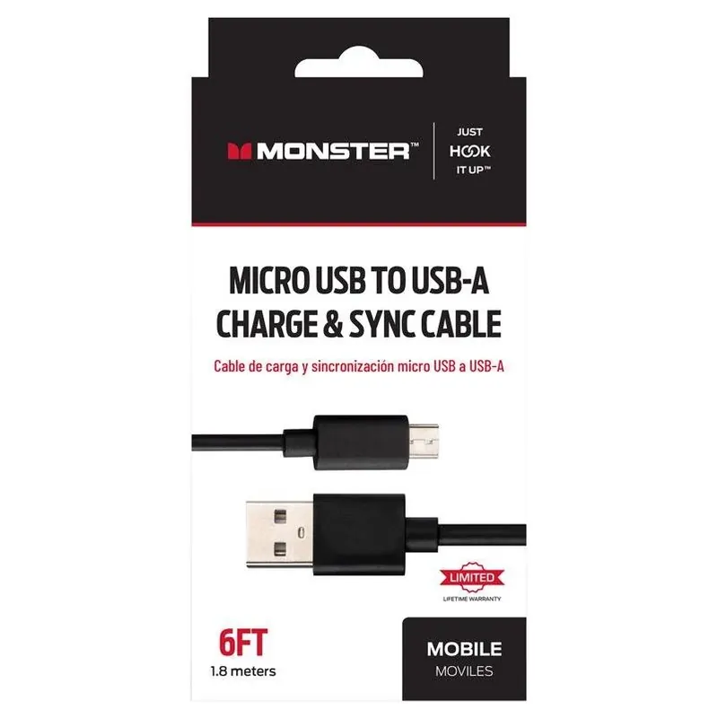 Monster Just Hook It Up 6‑Foot USB‑A To Micro‑USB Charge & Sync Cable – Black