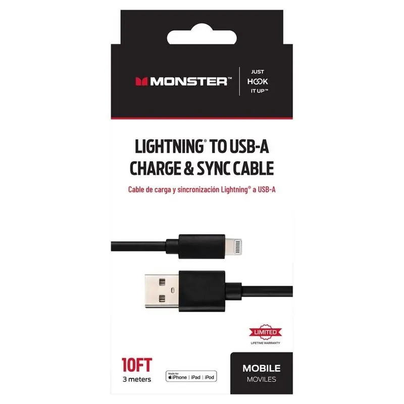 Monster Just Hook It Up 10‑Foot Lightning To USB‑A Fast Charge & Sync Cable – Black