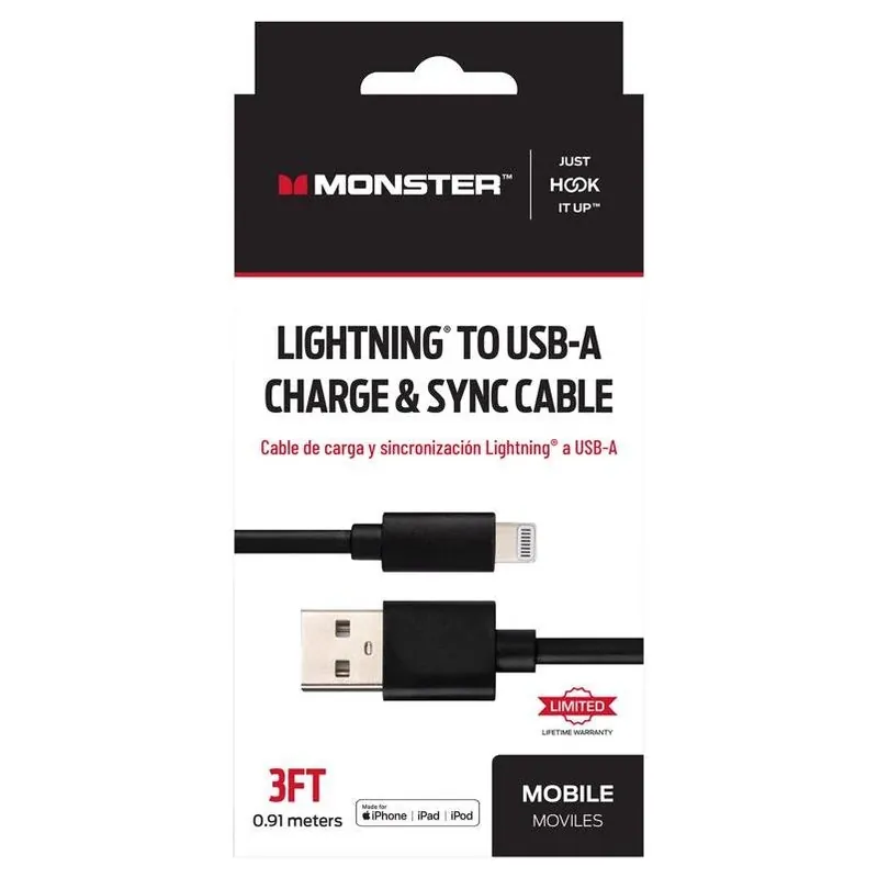 Monster Just Hook It Up 3‑Foot Lightning To USB‑A Charging & Sync Cable – Black