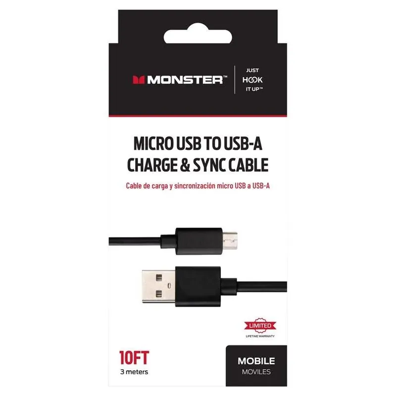 Monster 10‑Foot USB‑A To Micro‑USB Fast Charge & Sync Cable – Black