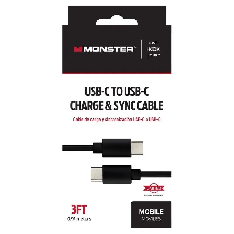 Monster Just Hook It Up USB‑C To USB‑C 3‑Foot Fast Charging & Sync Cable – Black