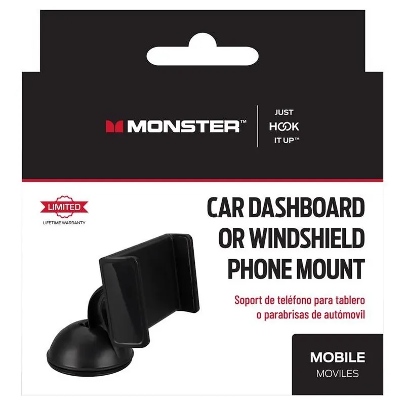 Monster Just Hook It Up Universal Black Windshield Phone Mount – Hands‑Free Car Holder