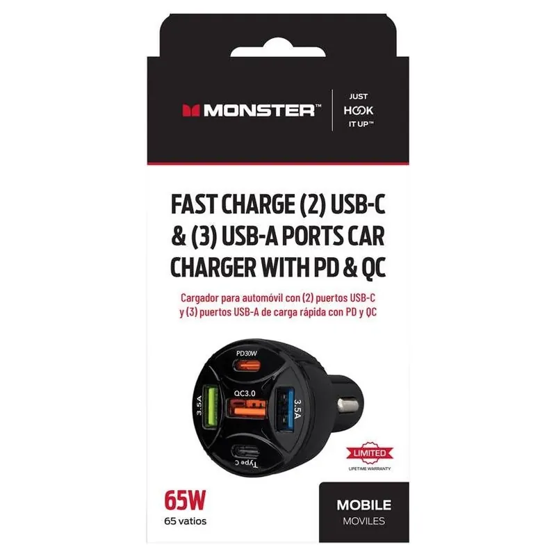Monster Just Hook It Up 5‑Port USB Car Charger – Black (1‑Pack)