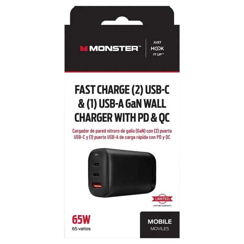 Monster Just Hook It Up Dual USB‑C & USB‑A Charger With Power Delivery & Quick Charge – 2 Port USB‑C, 1 Port USB‑A