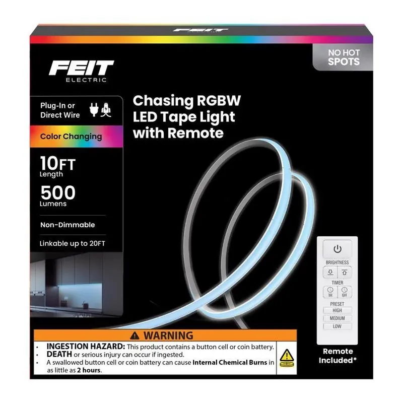 Feit 10‑Foot Plug‑In Color‑Changing LED Tape Light – Flexible, Linkable, 500 Lumens
