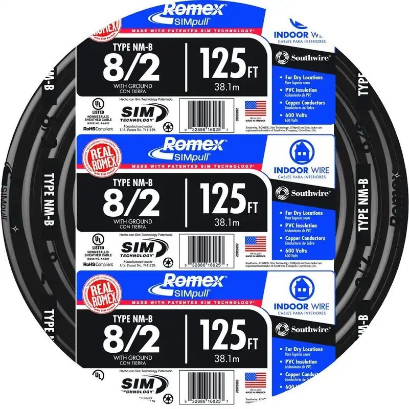 8/2 Non-Metallic Romex Sheathed Cable With Ground, Copper, 125 Ft.