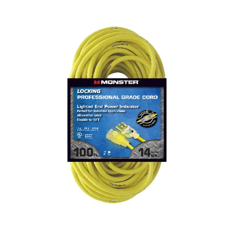 100 Ft. Yellow Outdoor Extension Cord 14/3 Sjtw With Lighted Locking End