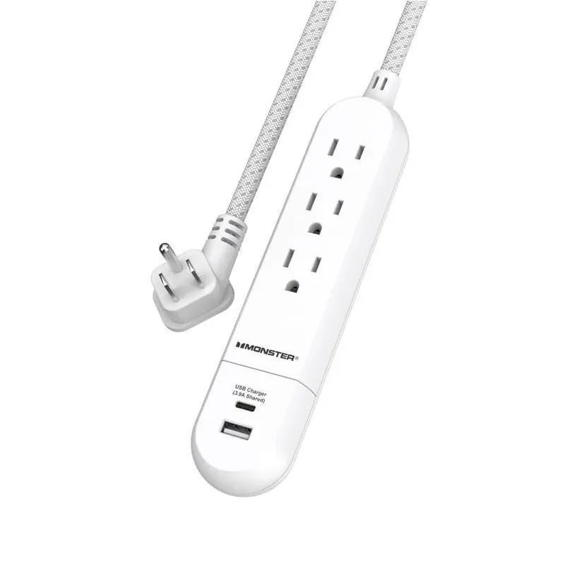 Monster Just Power It Up 4‑ft White Power Strip – 3‑Outlet UL‑Listed Surge Protector