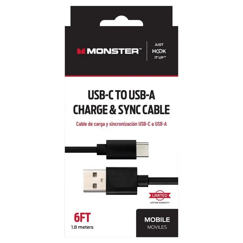 Monster Just Hook It Up 6‑ft USB‑C To USB‑A Charge & Sync Cable – Black