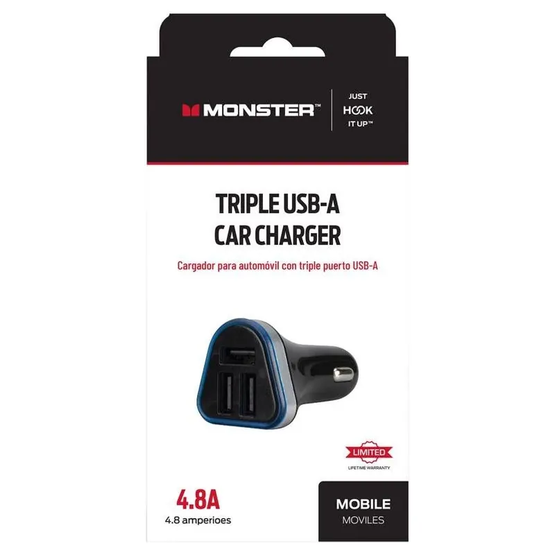 Monster Just Hook It Up 3‑Port USB Car Charger – Fast Dual‑Device Power For Vehicles