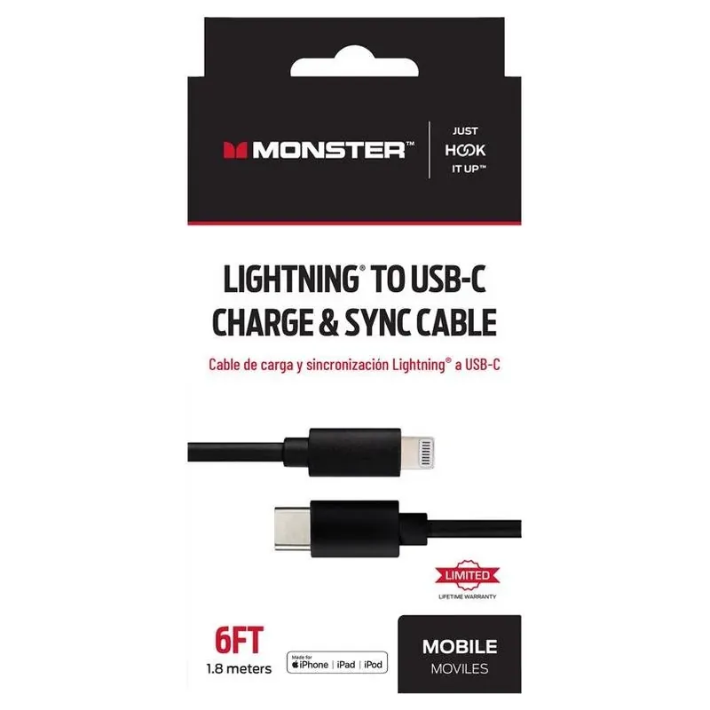 Monster Just Hook It Up 6‑Foot Lightning To USB‑C Fast Charge & Sync Cable – Black